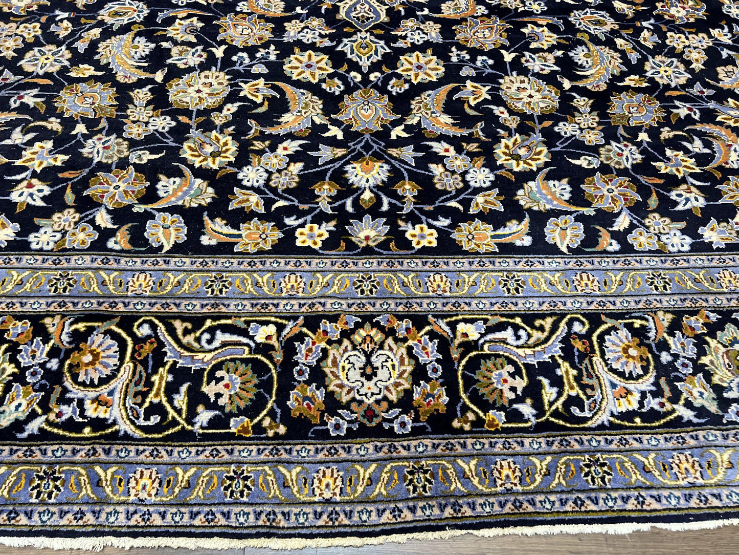 Wonderful Navy Blue Persian Kashan Rug 11x13, Allover Floral Design with Central Medallion, Wool Hand-Knotted Antique Carpet, Signed Rabani Rug