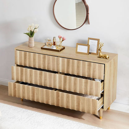 Fluted Six Drawer Dresser Walnut Finish FiftyThreeInchWide