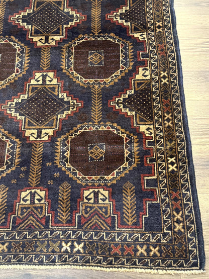 Navy Blue Afghan Balouch Rug 4x6, Handmade, New