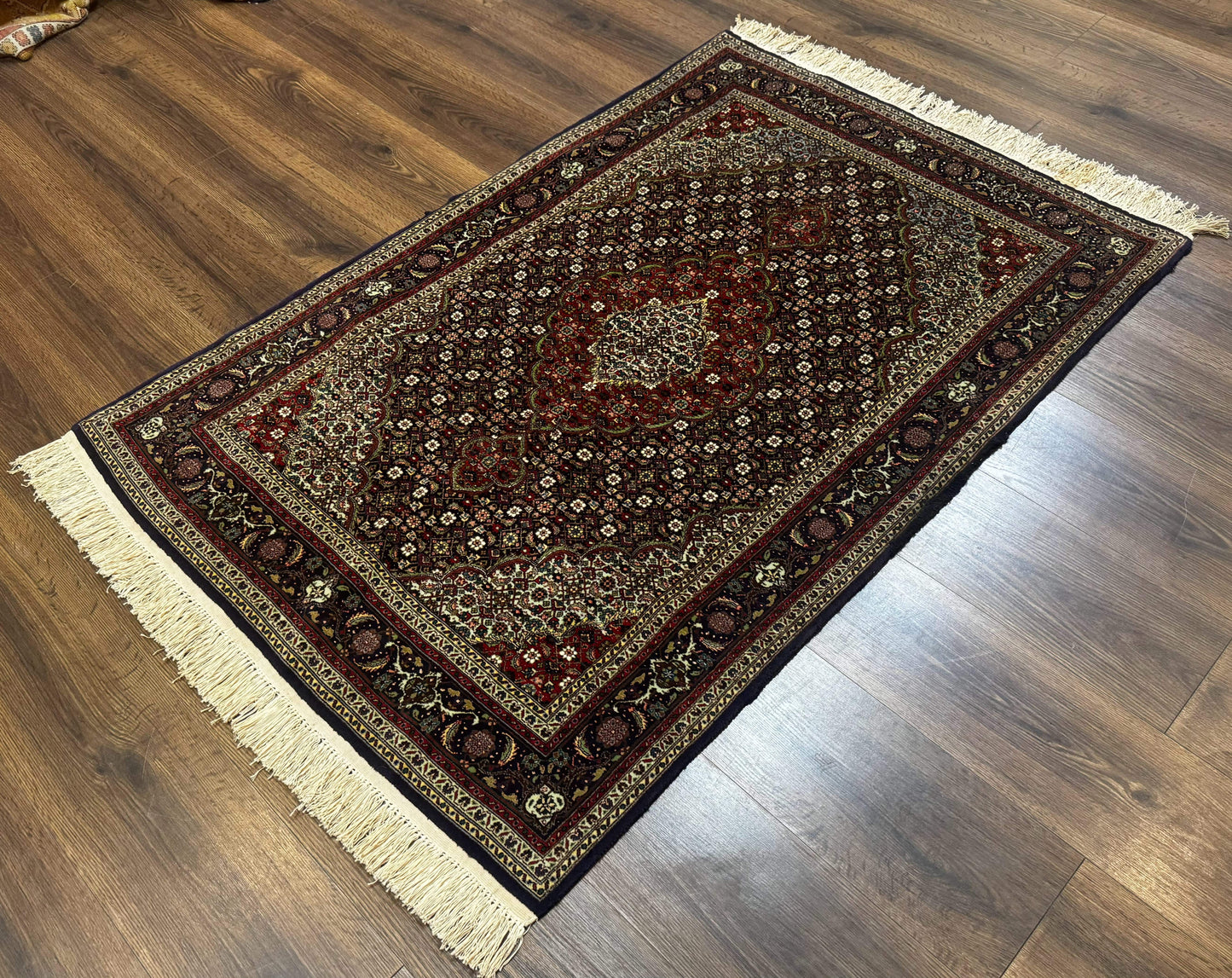 Persian Tabriz Rug 3x5, Wool on Silk Foundation, Very Fine 550 KPSI, Dark Navy Blue