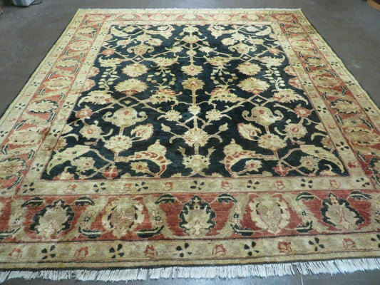 8' X 9' Handmade Pakistan Wool Cotton Rug Peshawar Black Floral Nice # 200C