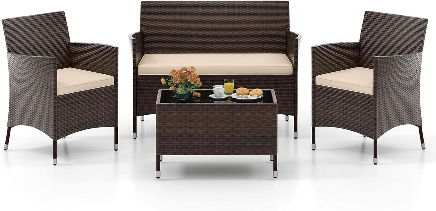 4-Piece Outdoor Rattan Conversation Set with Cushions