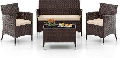 4-Piece Outdoor Rattan Conversation Set with Cushions