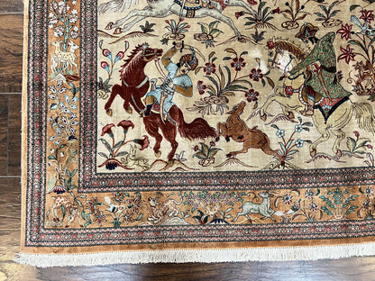 Silk Persian Qum Rug 3x5, Hunting Pattern, Handmade Vintage Carpet, Signed by Master Weaver, Horsemen Pictorials, Super Fine 650 KPSI
