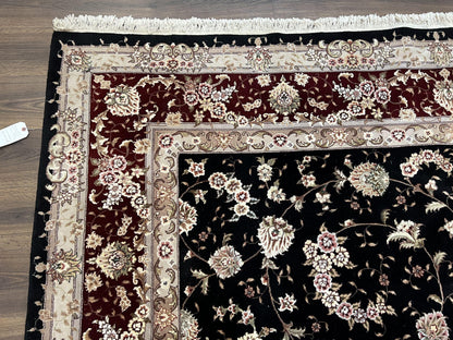 Sino Persian Rug 9x12, High Quality Oriental Carpet, Black and Maroon, Wool and Silk, Allover Floral Pattern, Hand Knotted, Vintage Rug Nice
