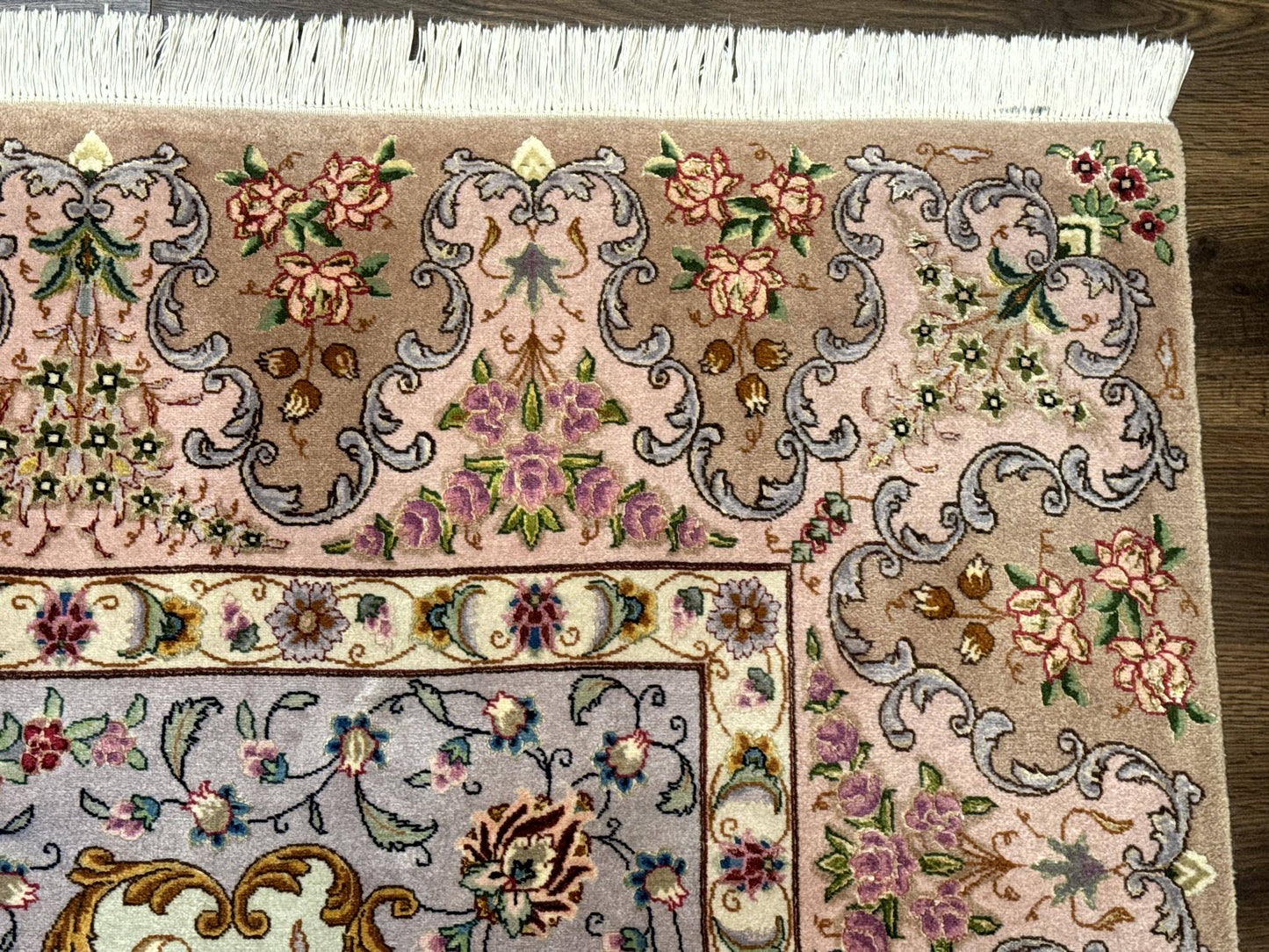 Wonderful Persian Tabriz Rug 7x10, Very Fine 330 KPSI, Light Green Light Blue Pink, Kork Wool Silk Foundation, Bird Pictorials