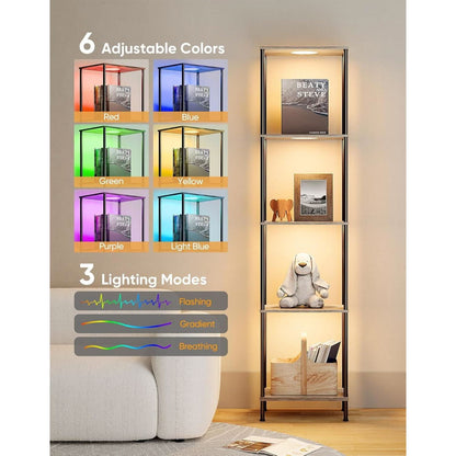 Display Shelf Floor Lamp With RGBW Light Gray Five Tier