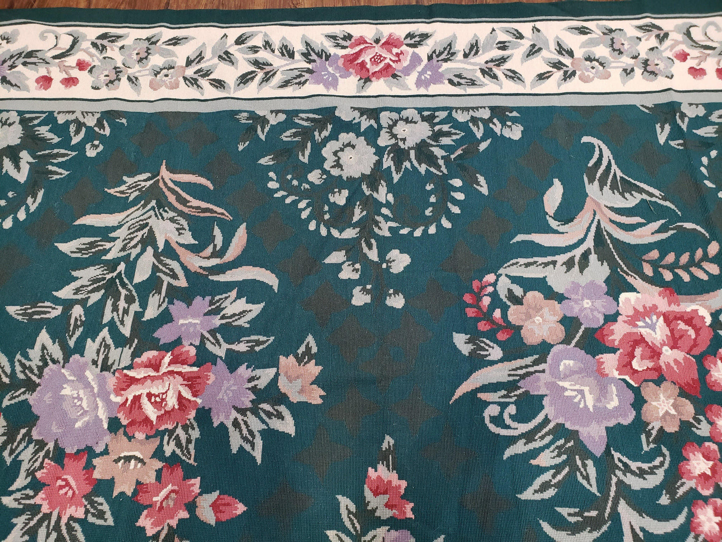 Chinese Needlepoint Rug 8x10, Vintage Green Area Rug, Hand-Woven Flatweave Floral European Design Carpet Wool Handmade 8x 10 Living Room Rug