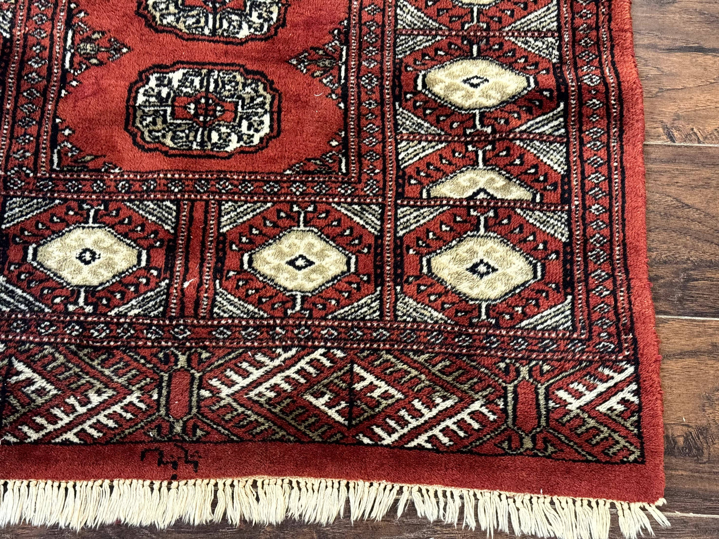 Red Pakistani Turkoman Rug 3x5, Bokhara Design, Vintage, Signed