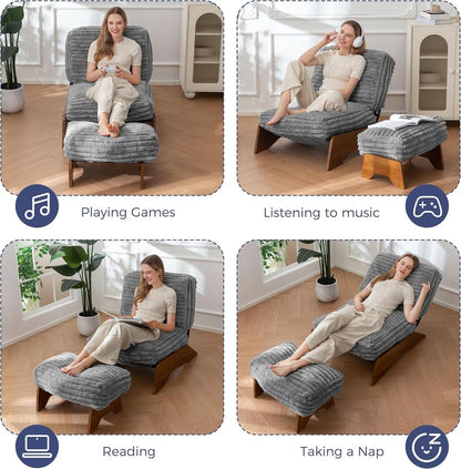 Grey Adjustable Accent Chair Featuring Plush Ottoman
