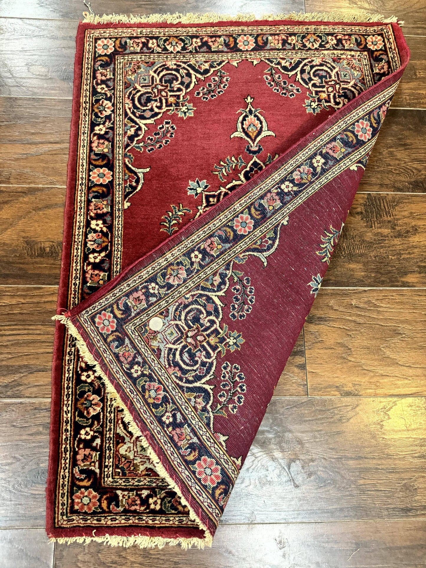 Small Persian Kashan Rug 2x3, Red and Navy Blue, Handmade Vintage Wool Semi Antique Persian Carpet, Semi Open Field