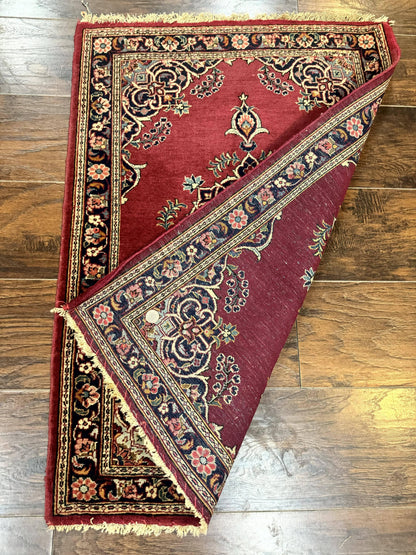 Small Persian Kashan Rug 2x3, Red and Navy Blue, Handmade Vintage Wool Semi Antique Persian Carpet, Semi Open Field