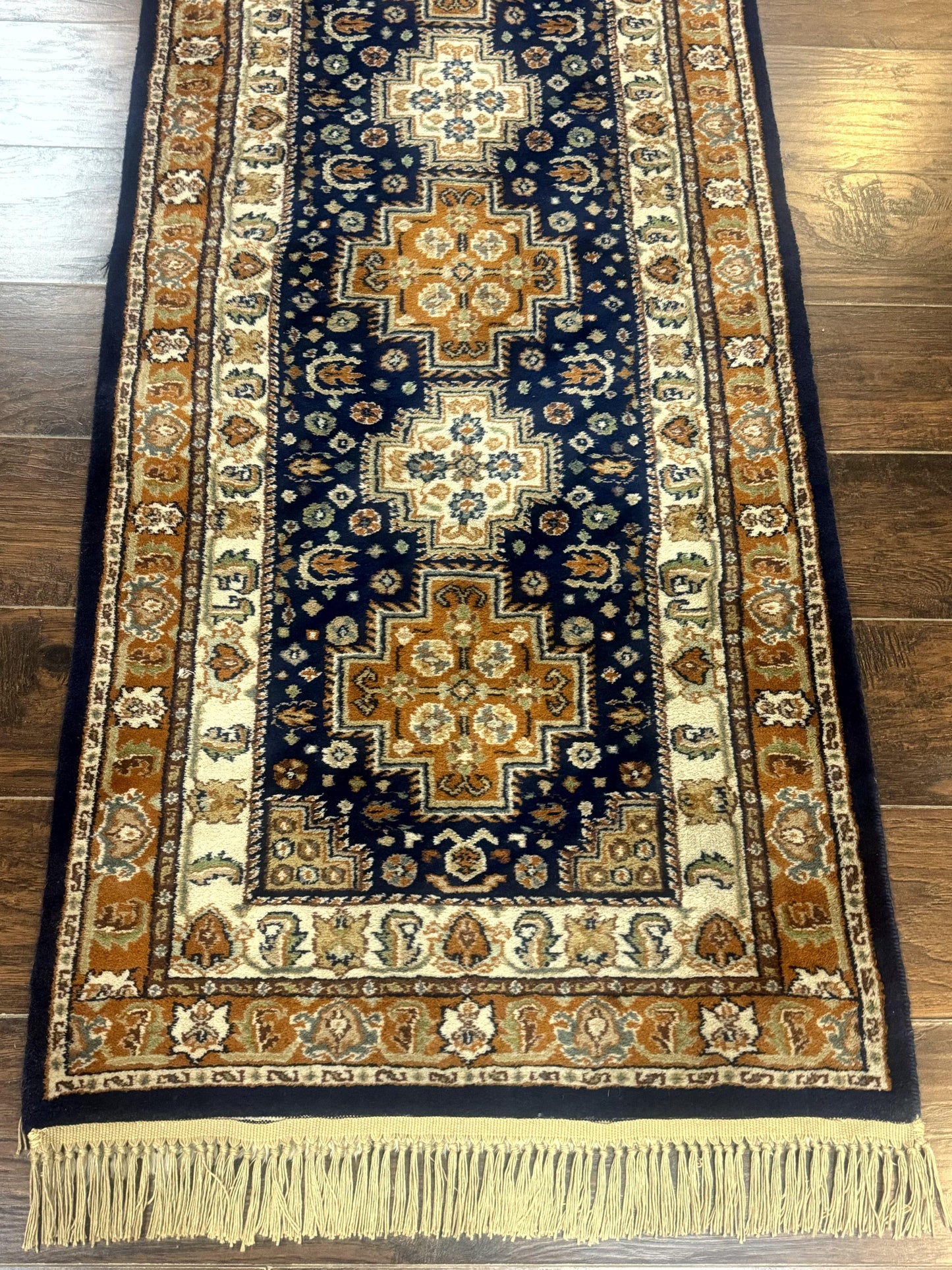 Indo Persian Runner Rug 2.6 x 12.7, Indian Kashmiri Runner for Hallway or Kitchen, Navy Blue, Geometric Medallions, Handmade Wool