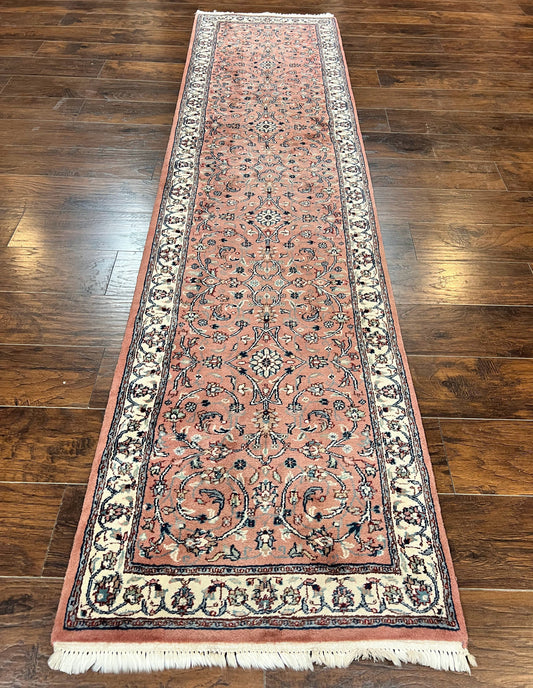 Indo Persian Runner Rug 2.6 x 10, Wool Hand Knotted Vintage Oriental Carpet, Pink & Ivory, Floral Allover, Hallway Rug