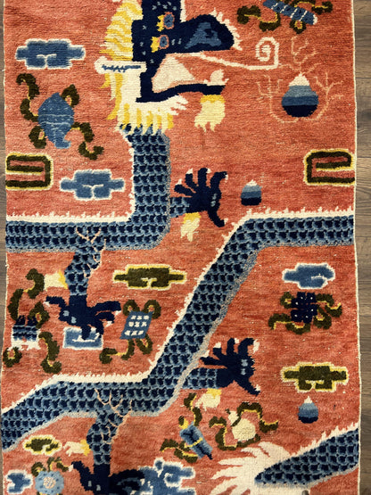 Rare Chinese Ningxia Pillar Rug 3x8, Late Qing Dynasty, 5 Clawed Dragon, Cloud Rainbow Border, Collectible Antique Carpet, Wool Hand Knotted