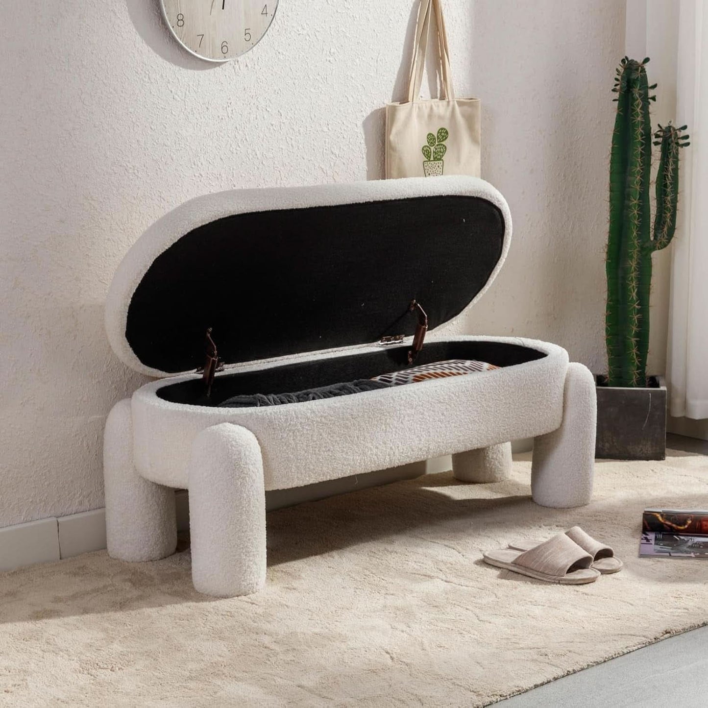 44.7-Inch White Boucle Upholstered Storage Ottoman Bench
