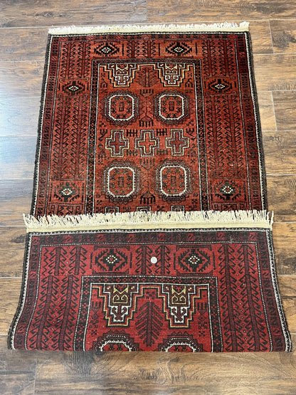 Antique Persian Turkoman Rug 3x6, Wool Tribal Handmade Carpet, Red and Black