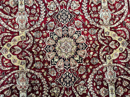 Indo Persian Rug 8x10, Red Vintage Wool Traditional Carpet, Floral, Handmade