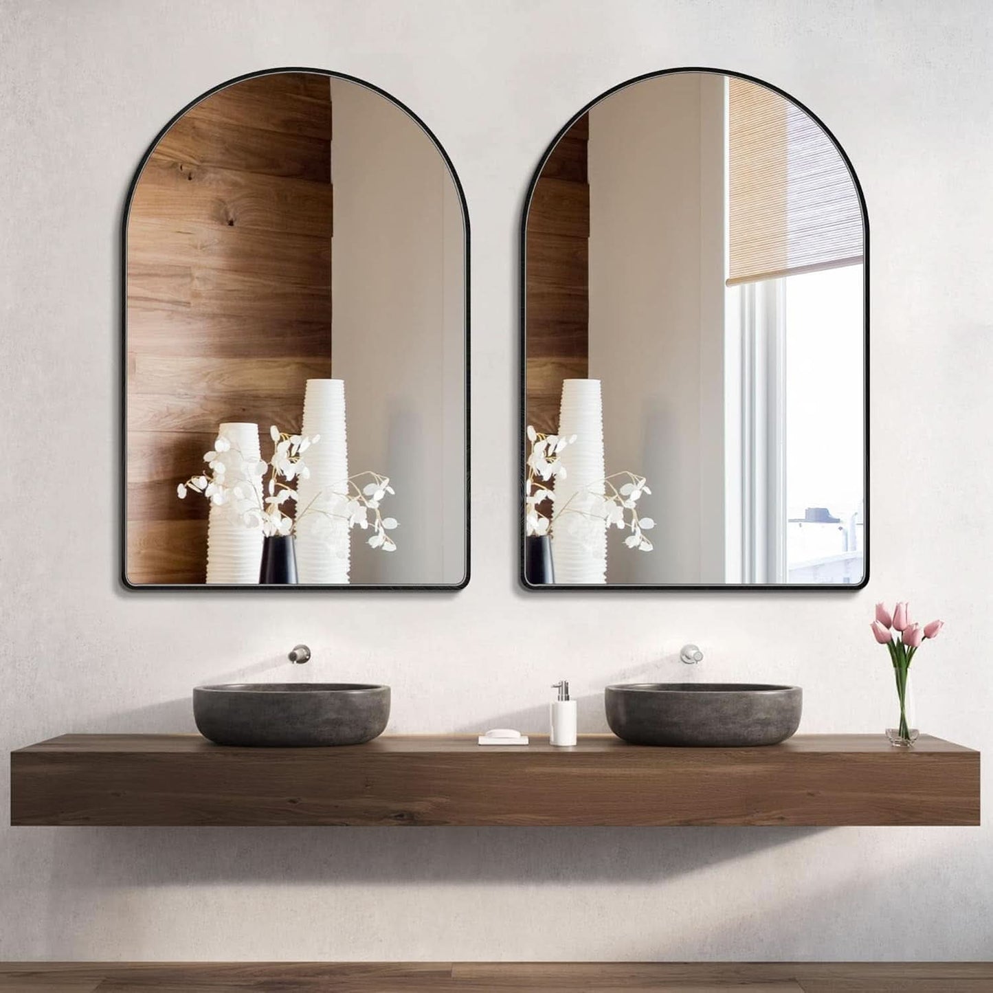 24x36 Inch Black Arched Wall Mounted Mirror With Brushed Metal Frame For Bathroom Vanity