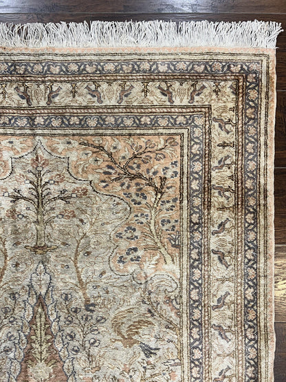 Turkish Kayseri Silk Rug 4x6, Tree of Life Pattern, Vintage Handmade Hand Knotted Carpet, Animal Pictorials, Birds