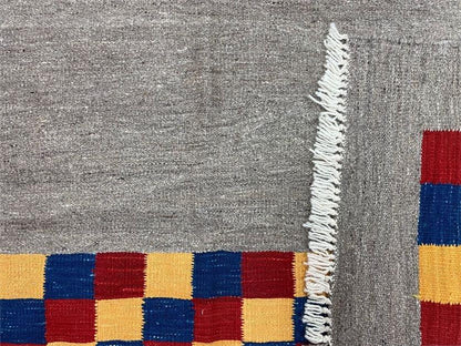 Gray Kilim Carpet, Yellow, Red, Blue Checkerboard Pattern, Flatweave, New, Geometric, Hand-Knotted, Wool, Turkish Area Rug, 5' 9" x 7' 9"