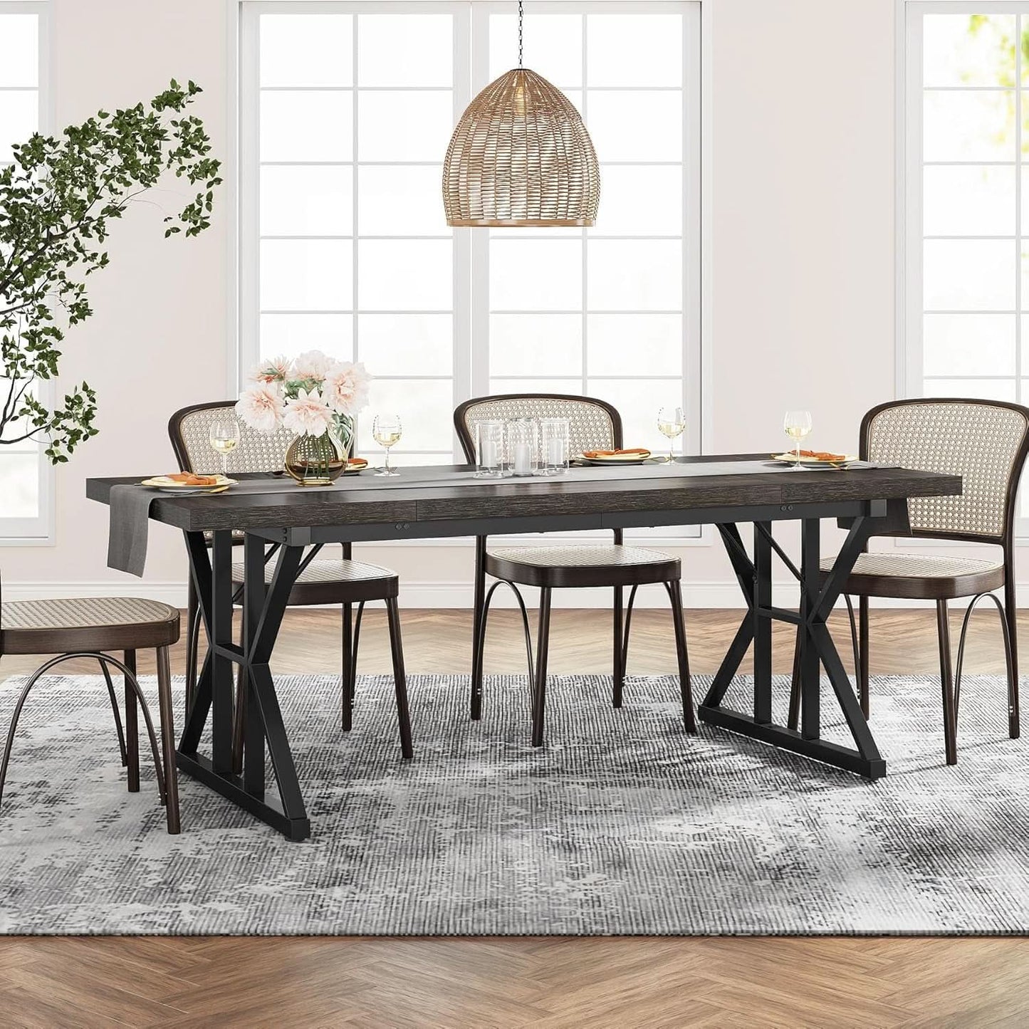 Farmhouse Dining Table 70.8 Inch Heavy Duty Metal Legs