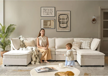 127 Inch Modular Sectional Sofa Beige with Storage Ottoman