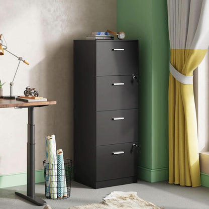 4 Drawer Locking File Cabinet For A4 And Letter Files Black Wood