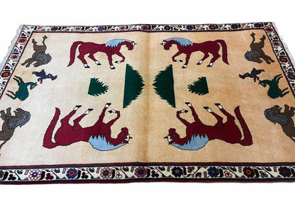 4x6 Rug Handmade Zagros Quality Wool Horses Tribal Hand-Knotted Rug Veggie Dye