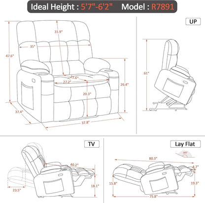 Dark Grey Wide Power Lift Recliner With Massage And USB