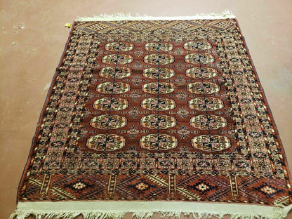 4' X 4' Antique Handmade Turkoman Bokhara Balouch Woven Wool Rug Brick Red Nice