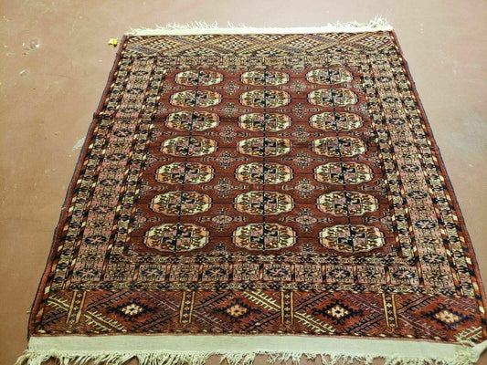 4' X 4' Antique Handmade Turkoman Bokhara Balouch Woven Wool Rug Brick Red Nice