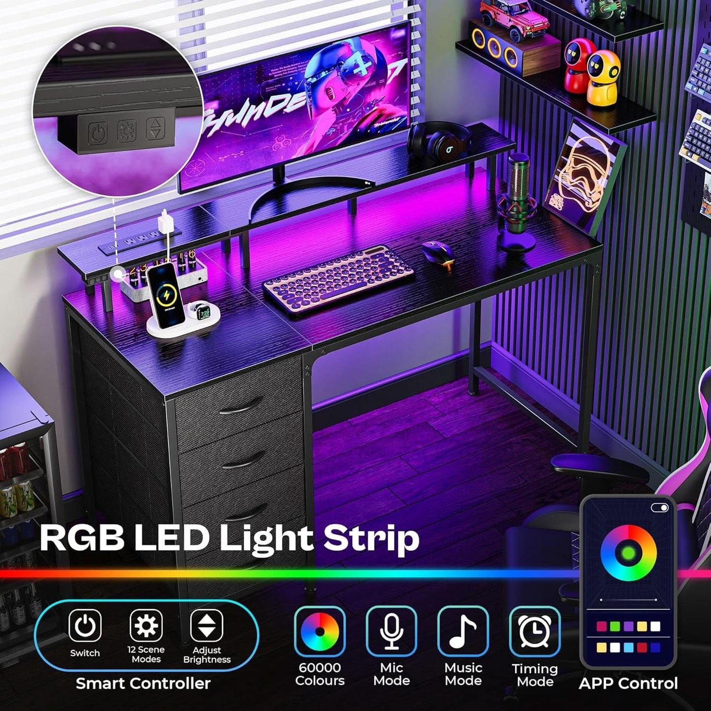 47 Inch Gaming Desk With LED Lights For Home Office