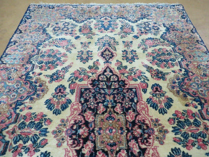 Antique Persian Kirman Rug 3.9 x 6.6, Floral Oriental Carpet, Ivory/Cream - Blue - Pink, Hand Knotted Wool Rug, Floral Medallion Rug 4x6