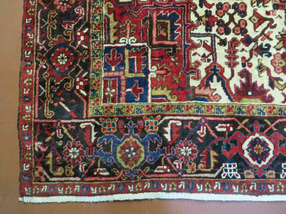 Wonderful Persian Heriz Rug 8.6 x 11, Geometric Heriz Carpet, Semi Antique Decorative Area Rug, Red Ivory Dark Blue Handmade Wool Room Sized