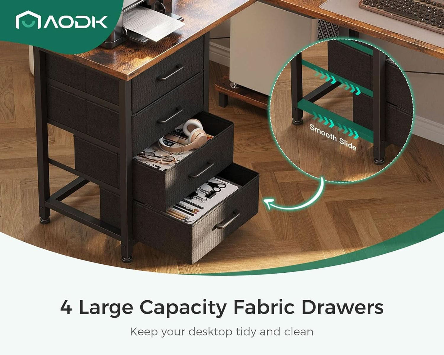 L Shaped Desk With USB Ports And 4 Drawers 53 Inch