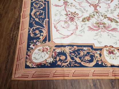 Chinese Aubusson Savonnerie Area Rug 6x8, Vintage Hand-Woven Needlepoint Rug, Flat Weave Handmade Wool Carpet Living Room Ivory & Navy Blue