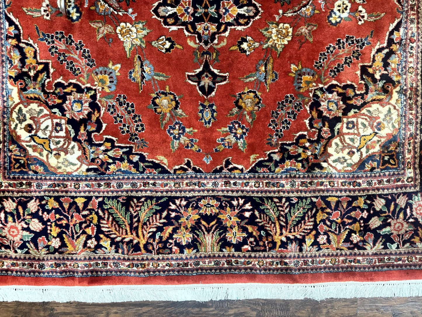 Indo Persian Rug 7x10, Vintage Handmade Wool Carpet, Floral Medallion Traditional Rug, Red and Midnight Blue