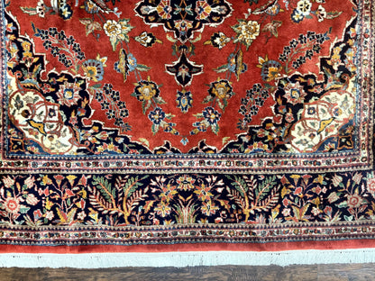 Indo Persian Rug 7x10, Vintage Handmade Wool Carpet, Floral Medallion Traditional Rug, Red and Midnight Blue