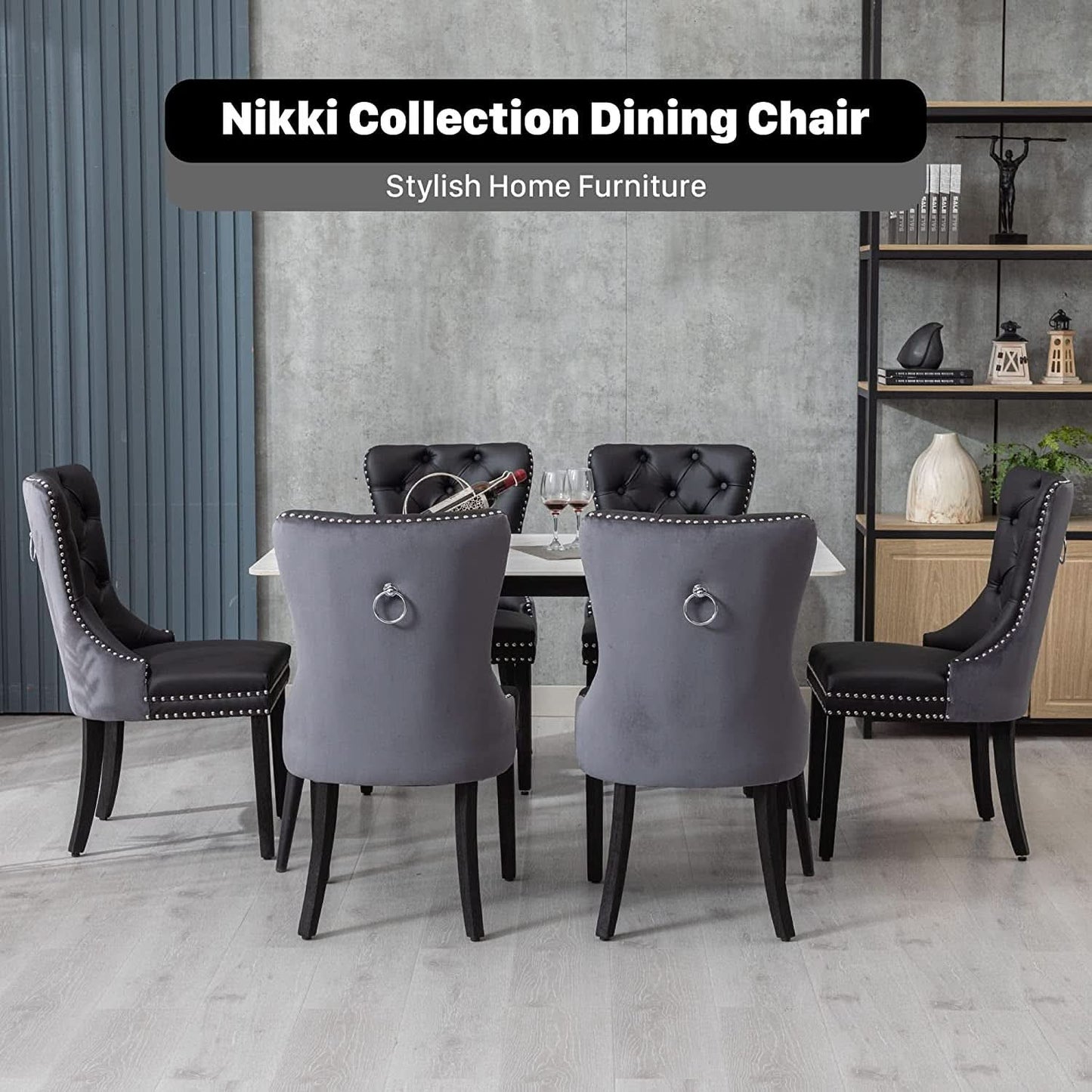 Velvet Dining Chairs Set Of 6 Black And Dark Grey Nailhead Trim