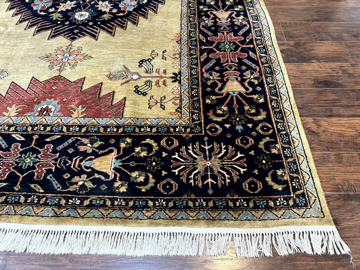 Indo Persian Heriz Rug 8x12, Camel Hair Tan and Navy Blue, Decorative