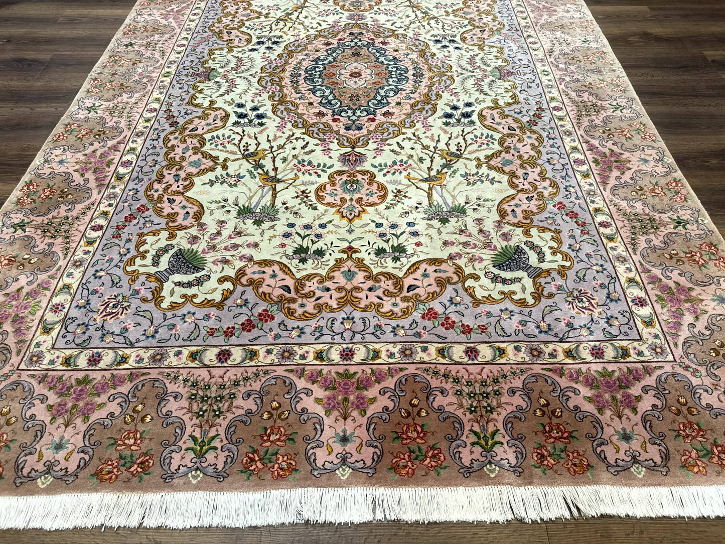 Wonderful Persian Tabriz Rug 7x10, Very Fine 330 KPSI, Light Green Light Blue Pink, Kork Wool Silk Foundation, Bird Pictorials