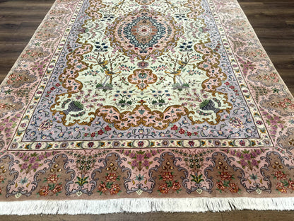 Wonderful Persian Tabriz Rug 7x10, Very Fine 330 KPSI, Light Green Light Blue Pink, Kork Wool Silk Foundation, Bird Pictorials