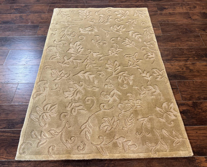 Modern Tibetan Rug 3.7 x 5.5, Carved Floral Design, Wool and Silk Highlights
