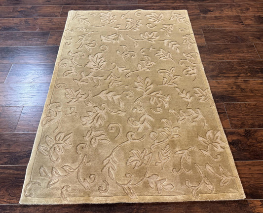 Modern Tibetan Rug 3.7 x 5.5, Carved Floral Design, Wool and Silk Highlights