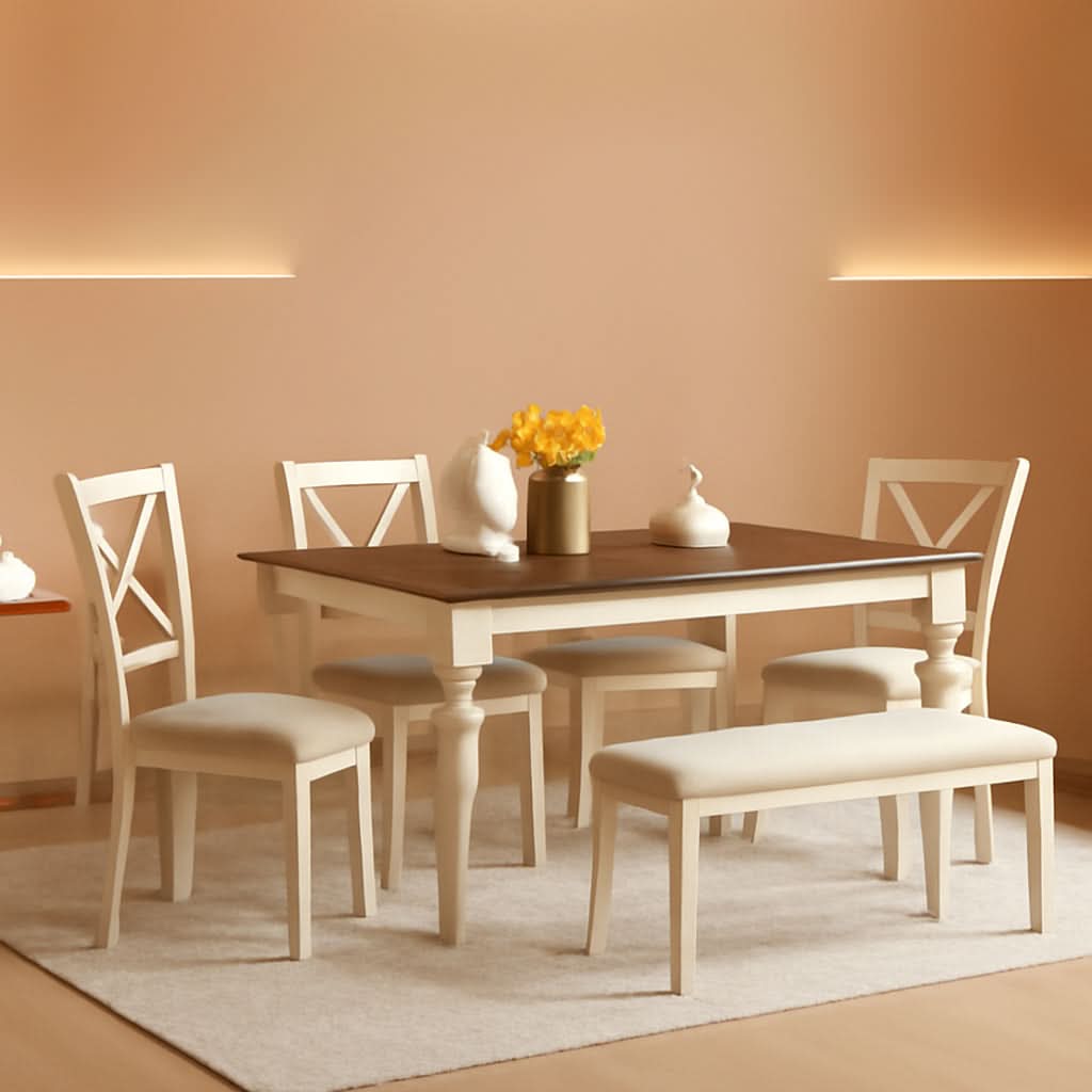 Sixty Inch Solid Wood Walnut Finish Dining Table Set Upholstered Chairs