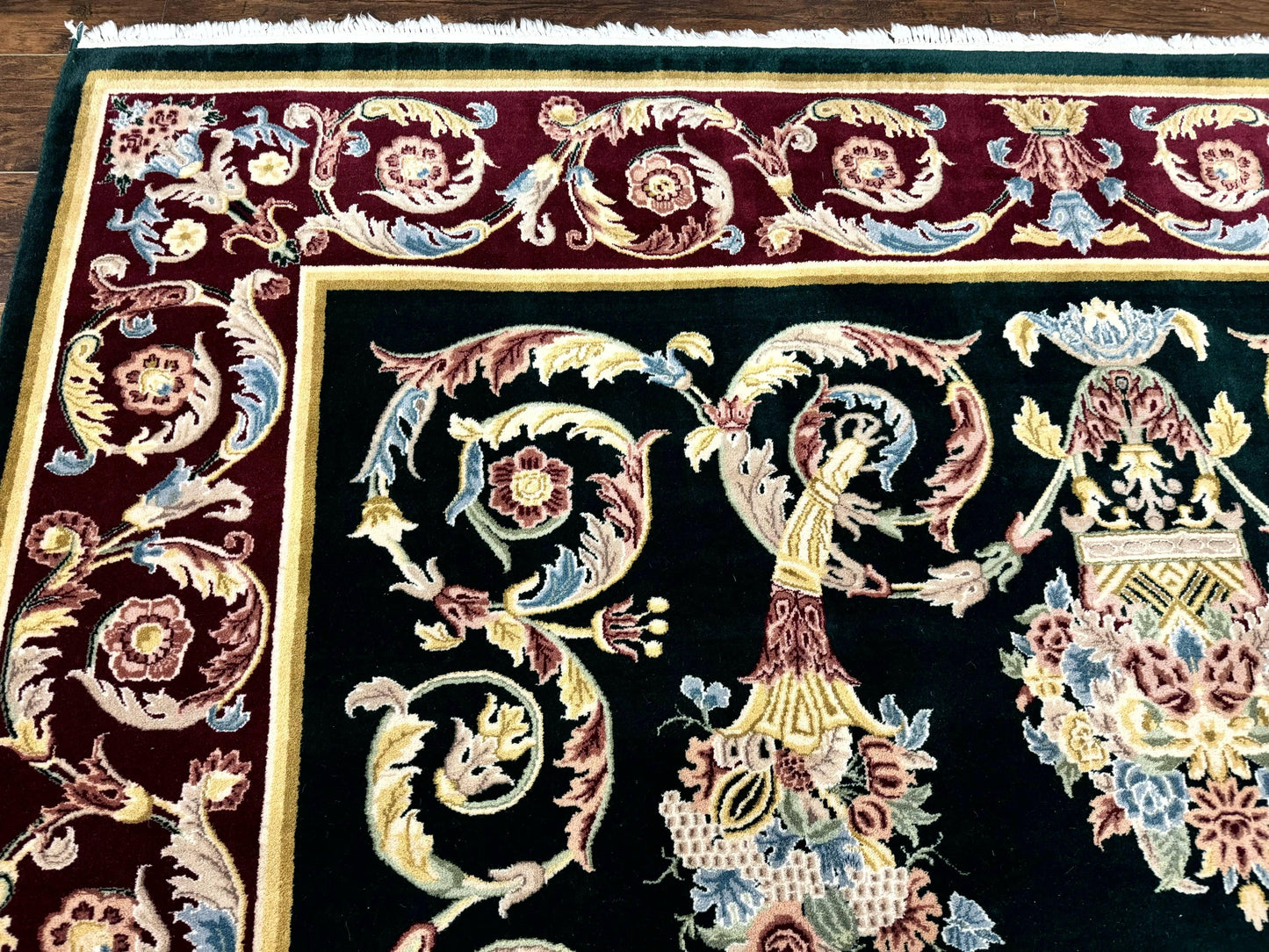 Aubusson Rug 9x12, Dark Green, European Design, Vintage Fine Handmade Carpet, Elegant