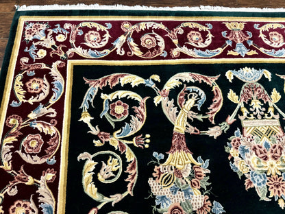 Aubusson Rug 9x12, Dark Green, European Design, Vintage Fine Handmade Carpet, Elegant