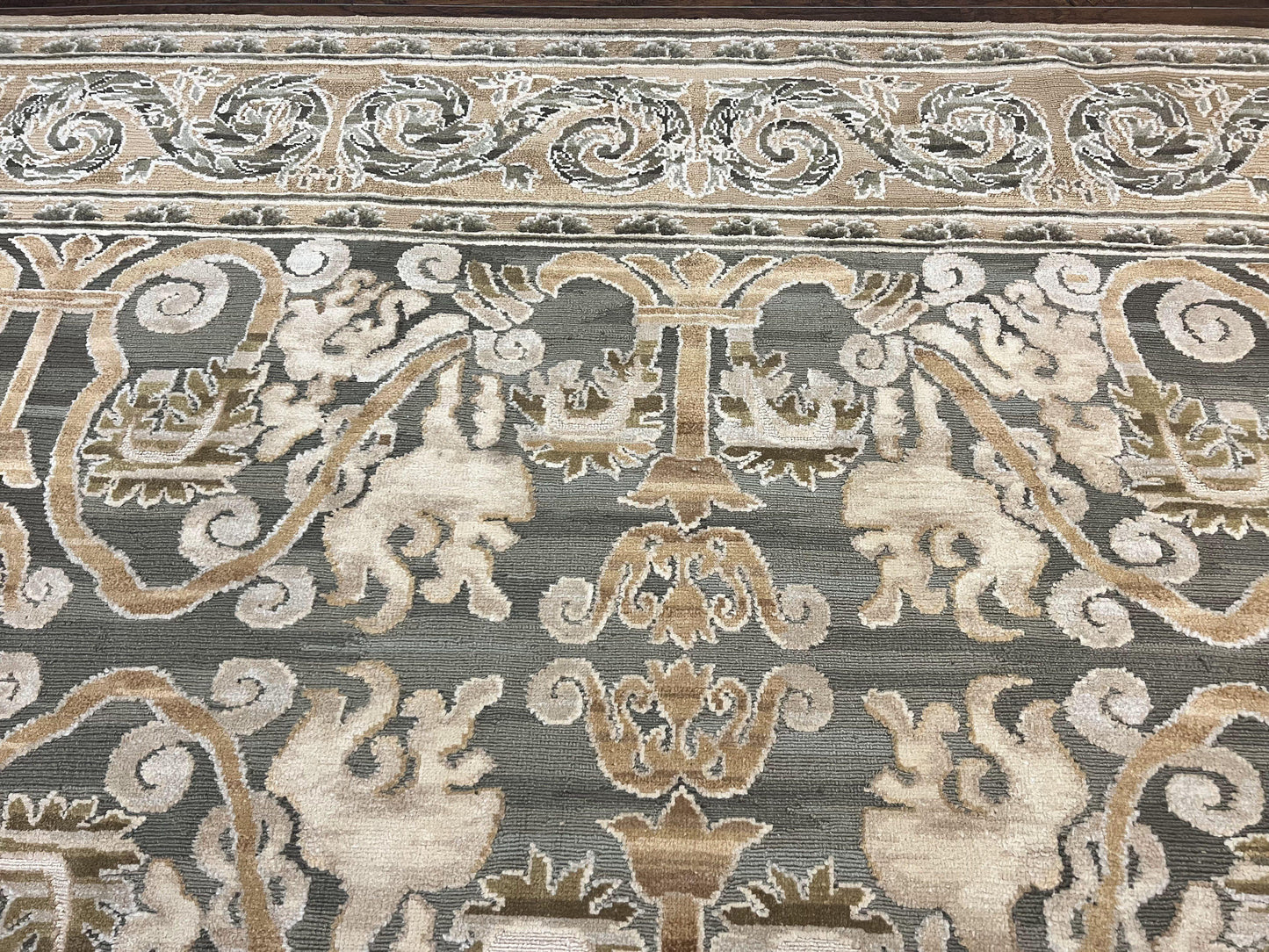 Spanish Rug 11x14, Wool Hand Knotted Vintage Carpet, Olive Green and Beige, Floral Allover, European Design, 11 x 14 Rug