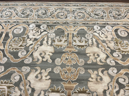 Spanish Rug 11x14, Wool Hand Knotted Vintage Carpet, Olive Green and Beige, Floral Allover, European Design, 11 x 14 Rug